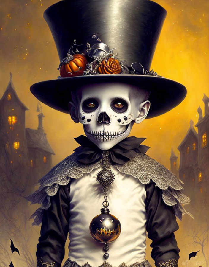 Skeleton in vintage attire holding golden orb against spooky twilight background