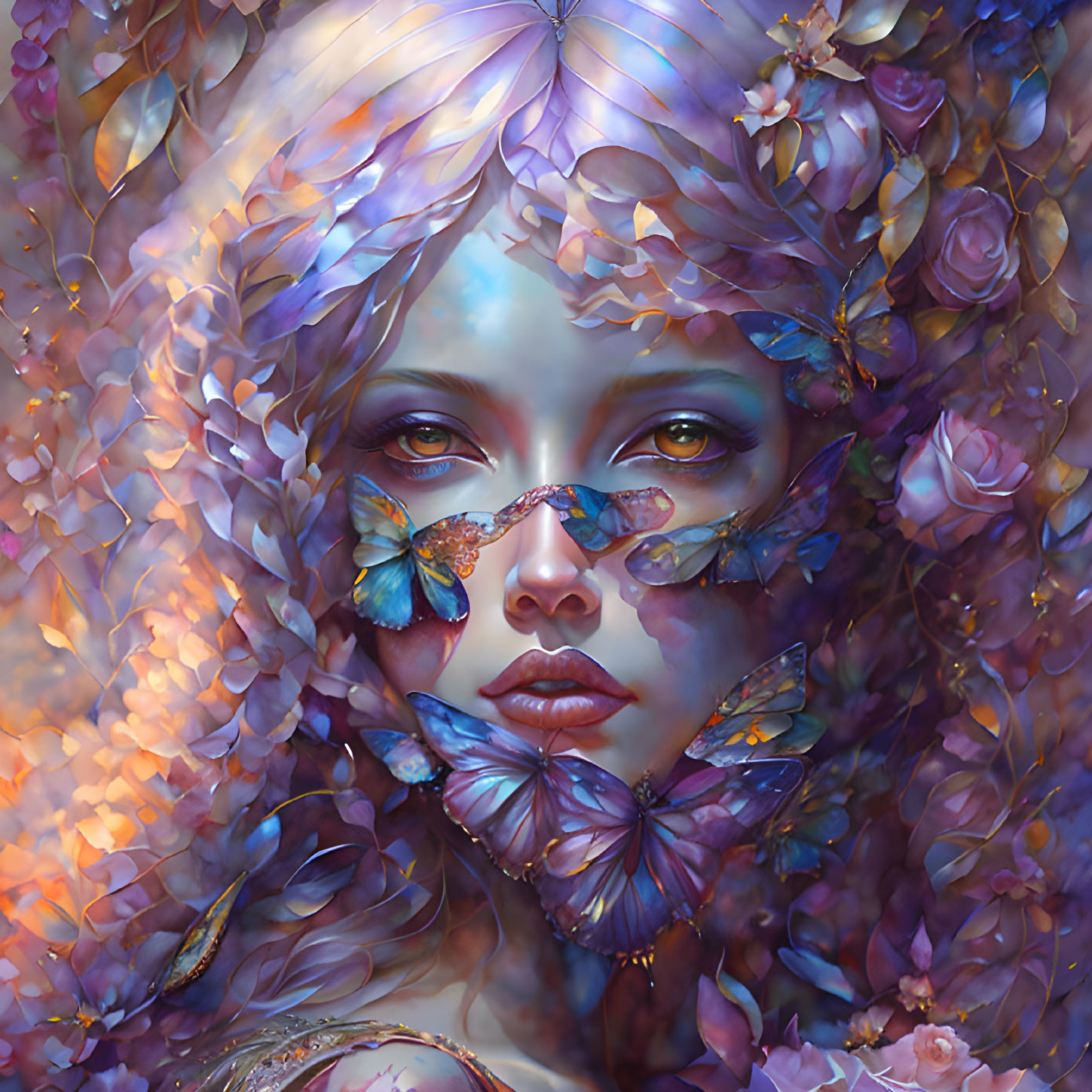 Digital art portrait of woman with flowers, butterflies, and mask