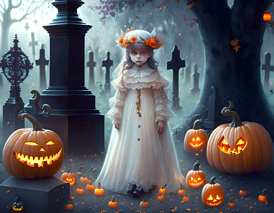 Young girl in vintage dress with floral headband among jack-o'-lanterns in Halloween graveyard