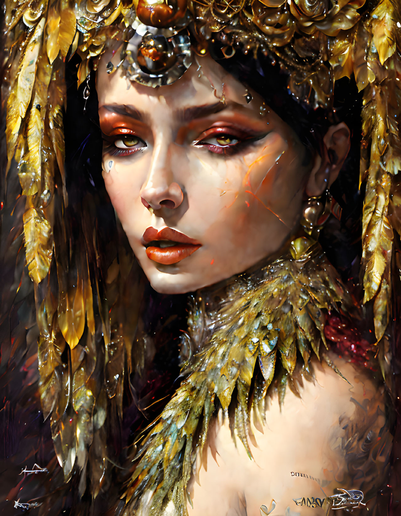 Portrait of Woman with Golden Headgear, Feathers, Tattoos, and Intense Gaze