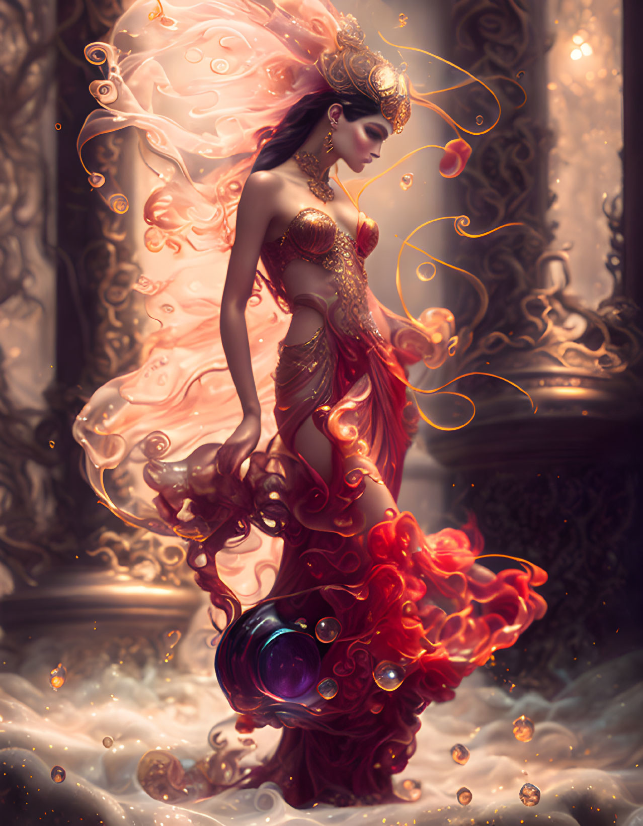 Ethereal fantasy illustration of a woman in red garments with golden swirls