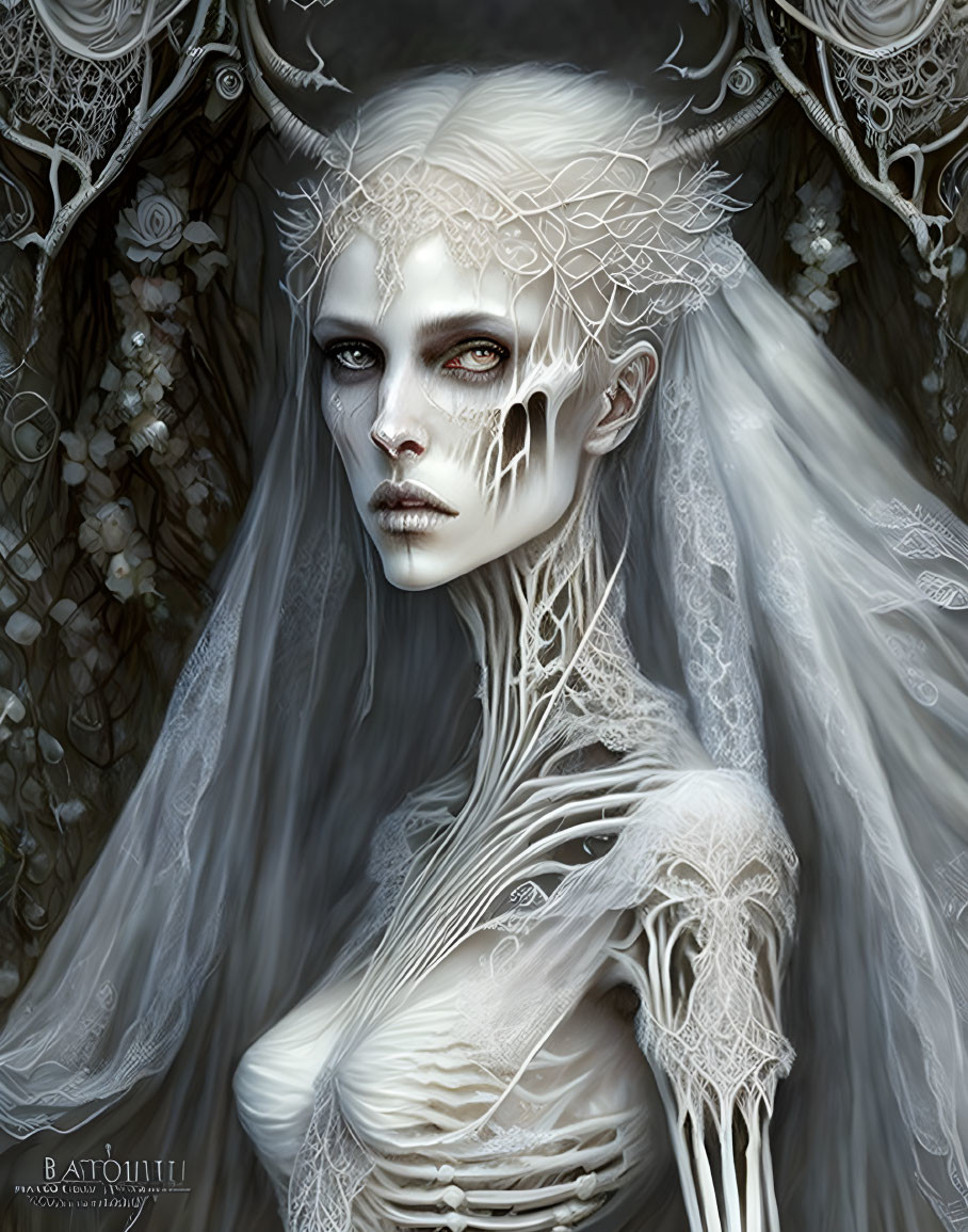 Pale-skinned figure with white hair and skeletal details in ghostly forest.