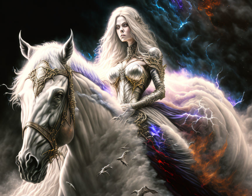 Fantasy illustration: Woman in armor on white horse in cosmic setting