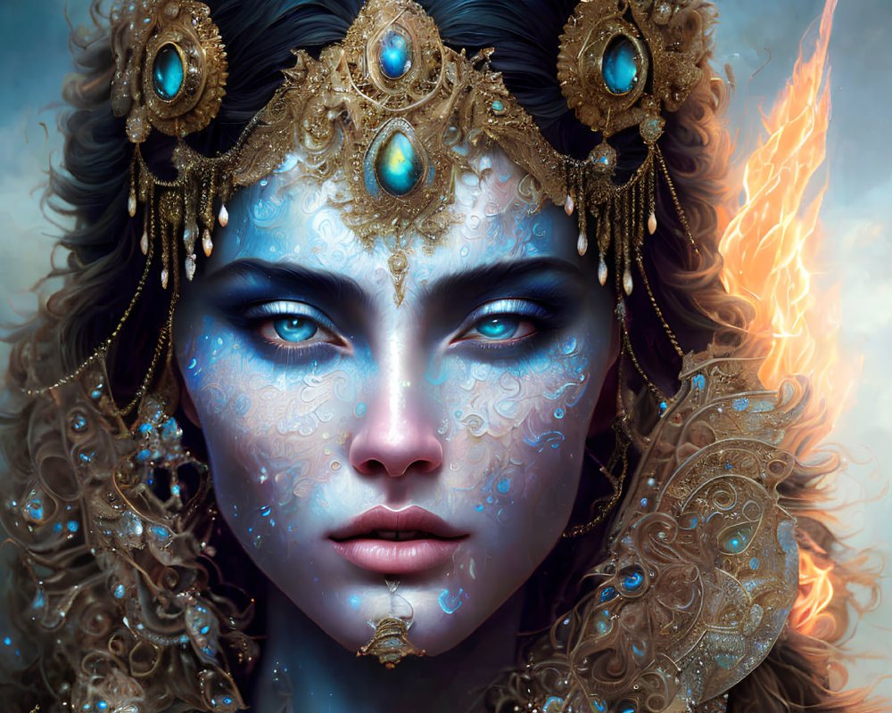 Fantasy portrait of woman with blue skin and golden headpiece against fiery backdrop