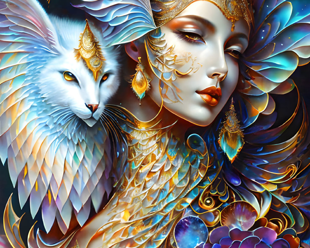 Woman with Golden Headdress and Blue Feathers alongside White Winged Cat - Ornate and Vibrant