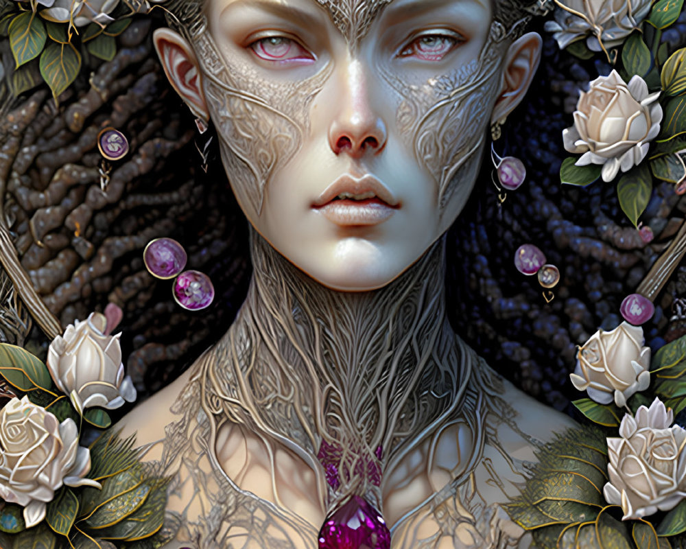 Fantastical portrait of character with tree-like tattoos, jeweled adornments, and white roses