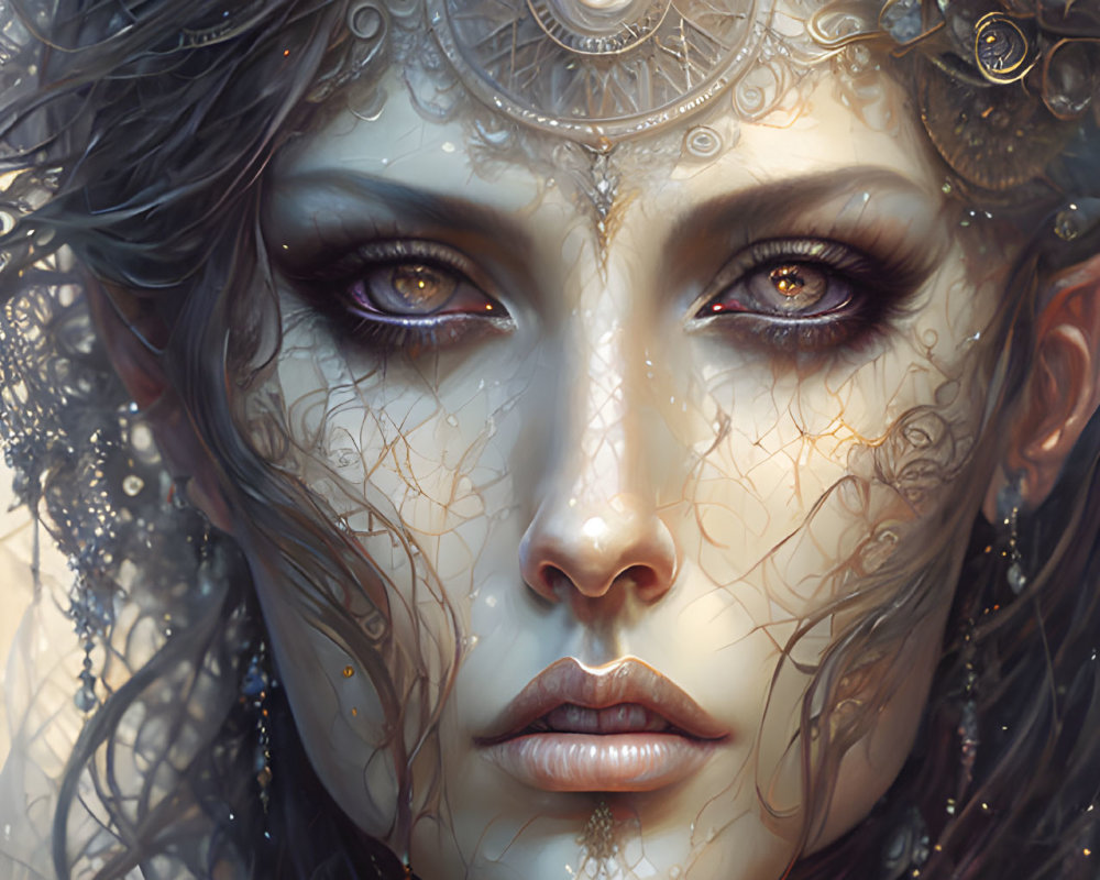 Fantasy portrait featuring metallic headpiece, swirling patterns, and captivating eyes