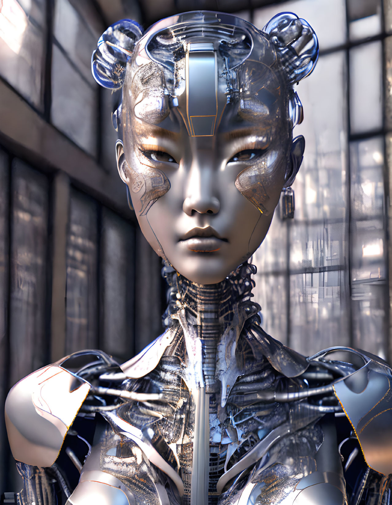 Detailed futuristic female android with intricate metal patterns and reflective surfaces against blurred background.