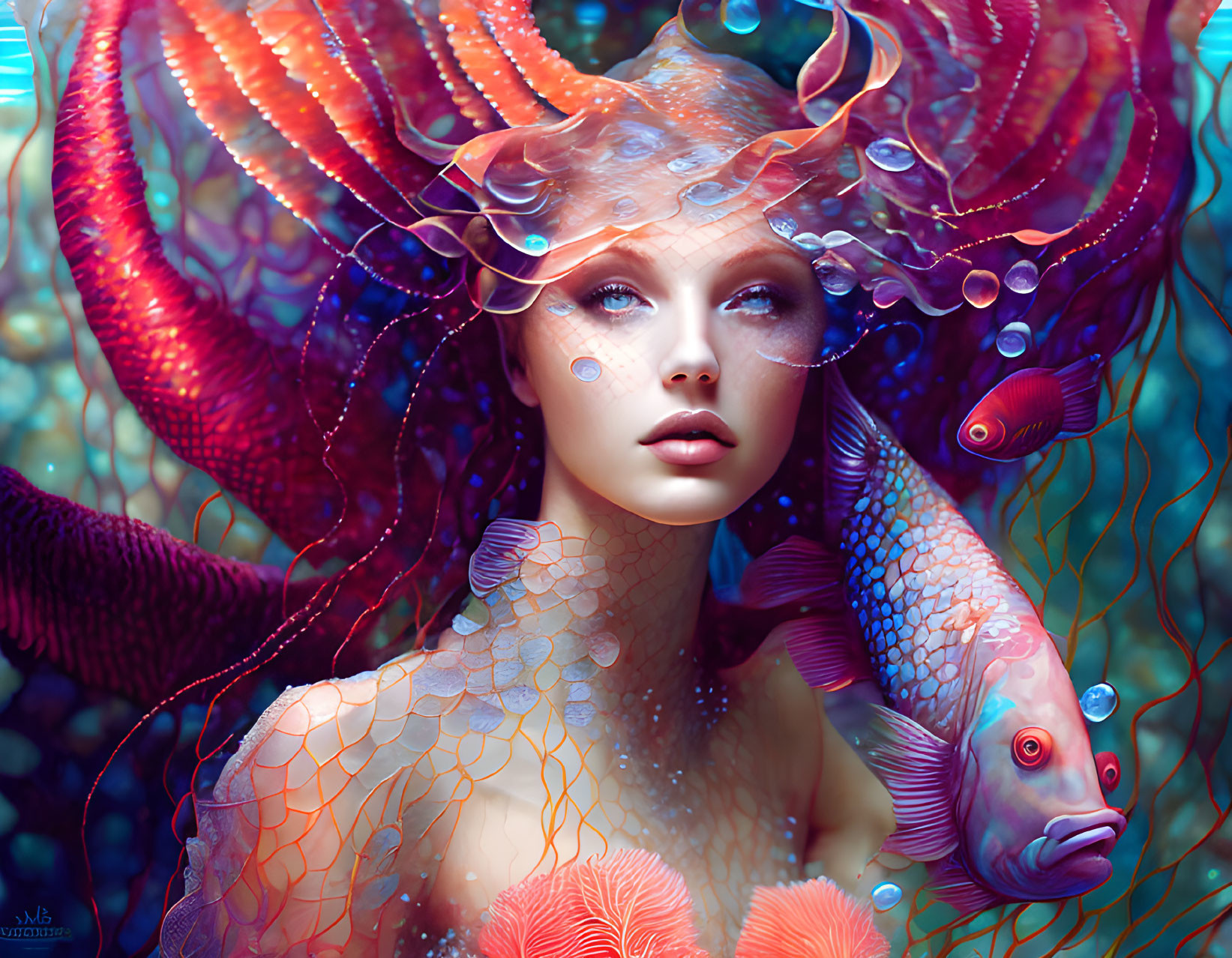 Colorful fantasy artwork featuring woman with fish and coral elements