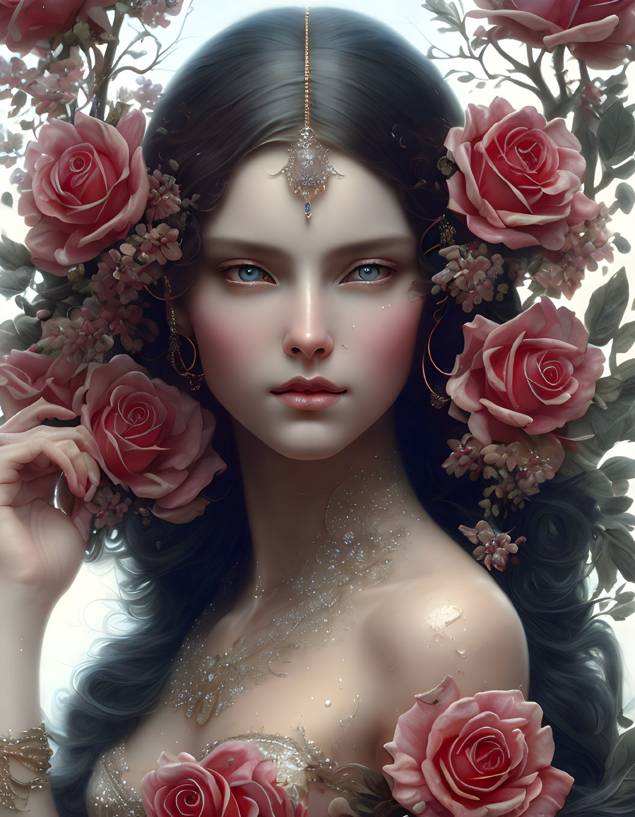 Portrait of Woman with Dark Hair, Roses, Jewelry, and Serene Expression