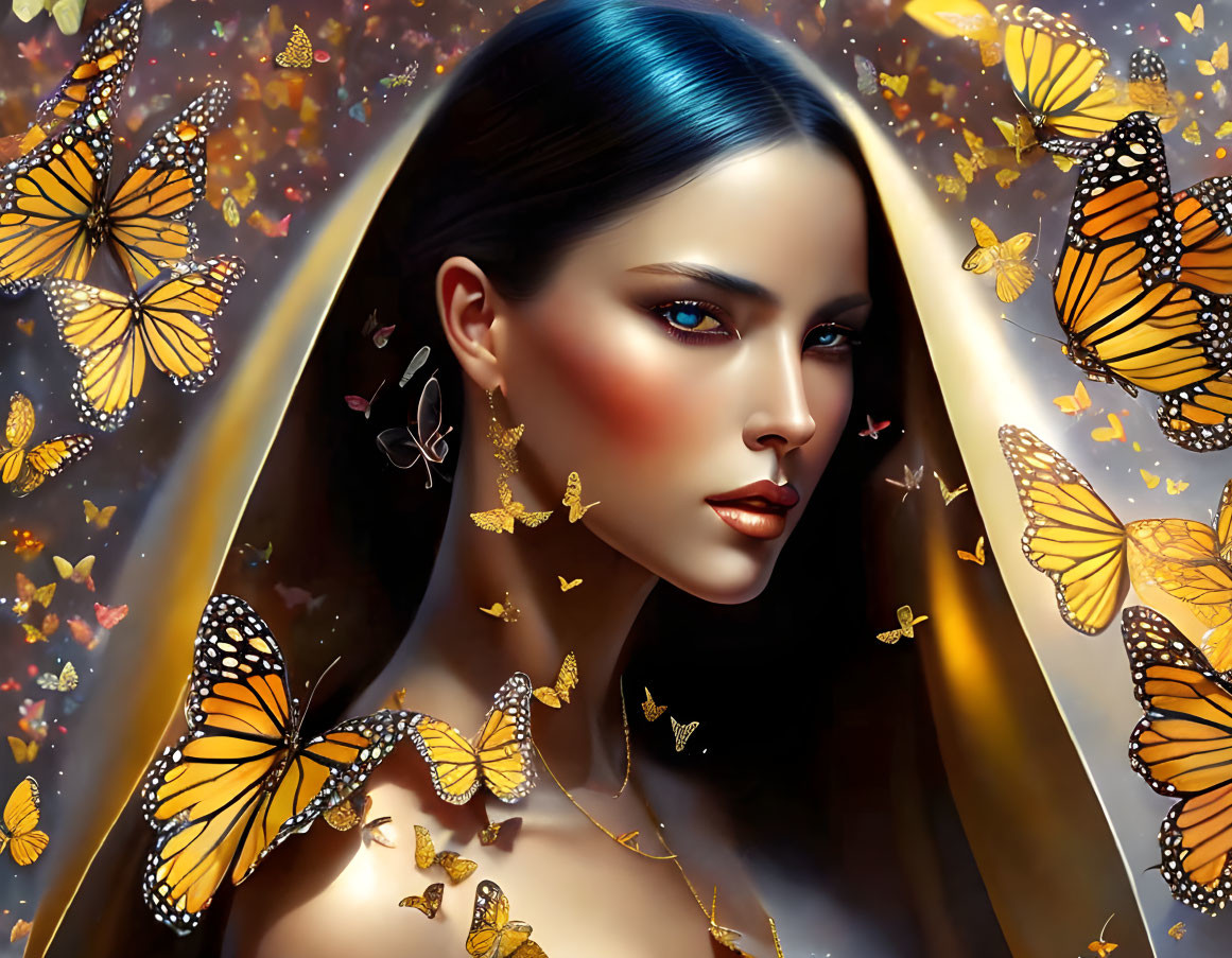 Digital artwork: Woman with blue hair and orange butterflies on autumn-themed background