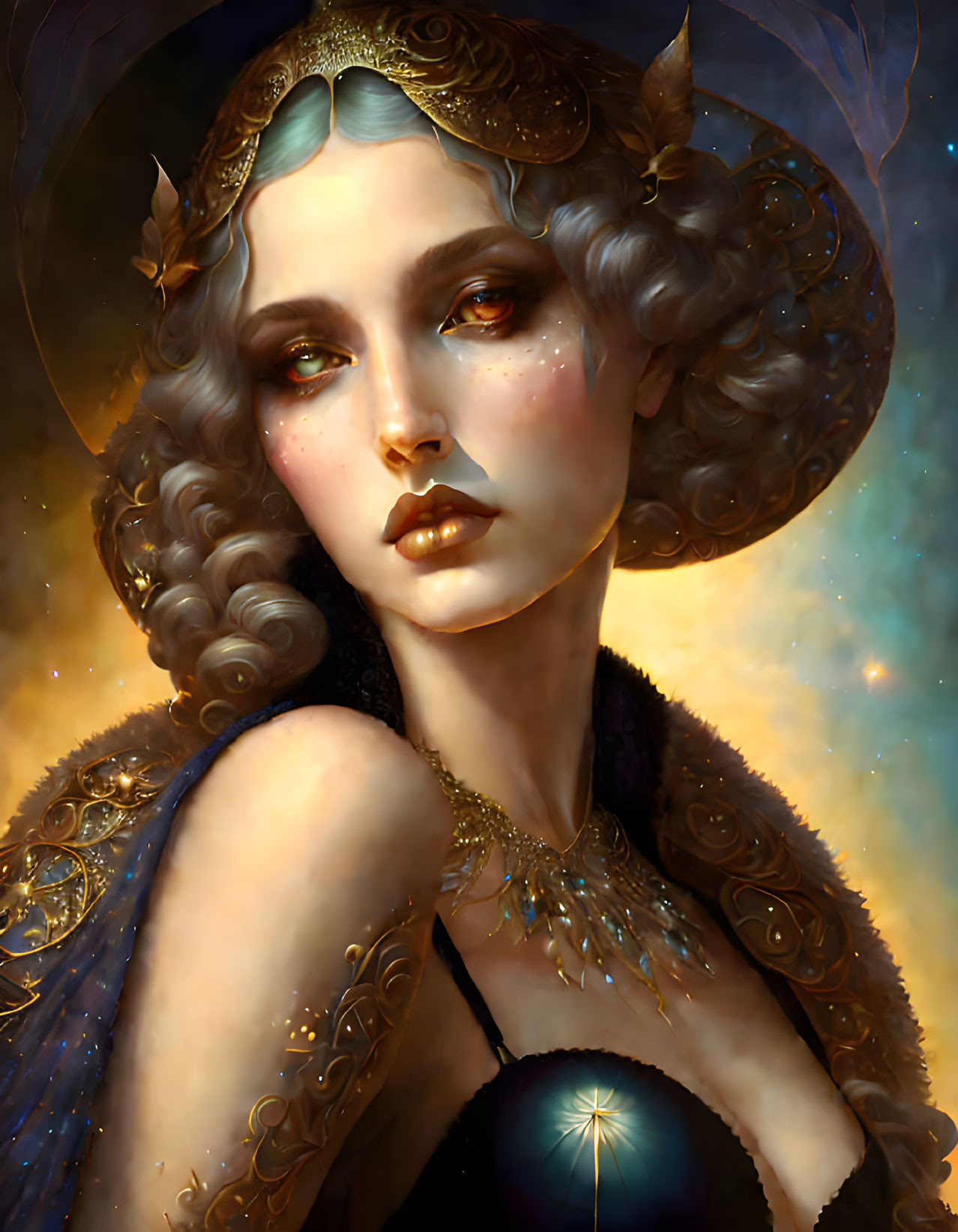 Cosmic-themed female portrait with golden headdress and starry backdrop