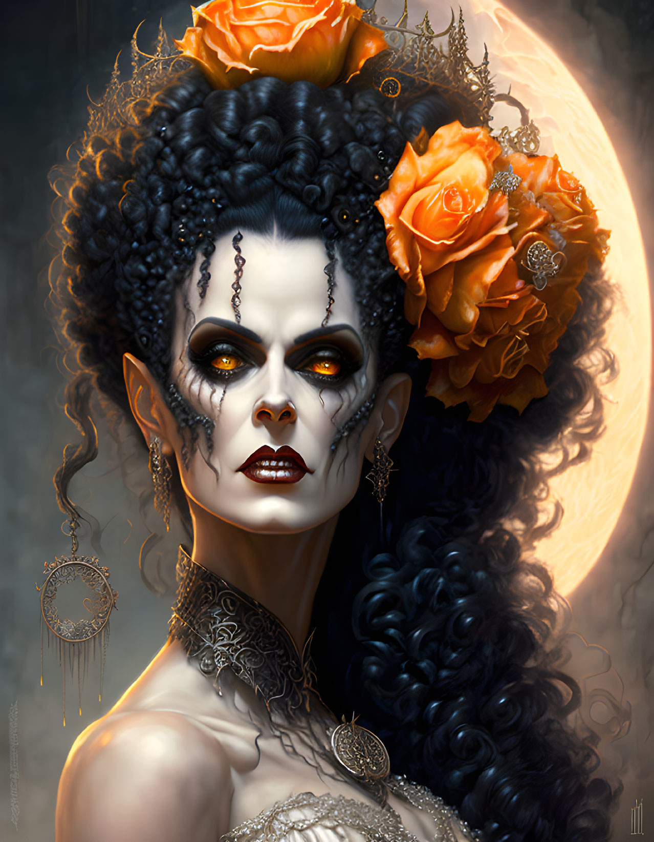 Gothic woman with black curly hair, skull makeup, and lace details in moonlit setting