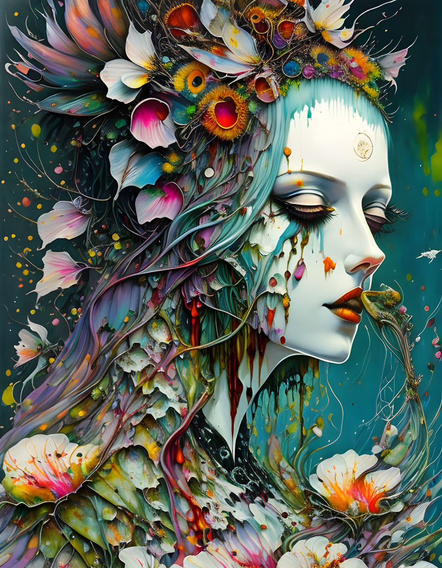 Vivid surreal portrait of woman with floral and feather elements