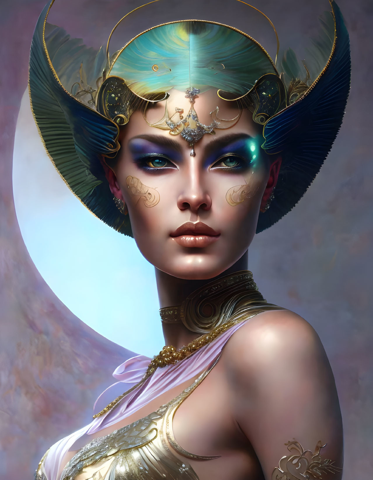 Blue-skinned woman with ornate headdress and jewelry in mystical portrait