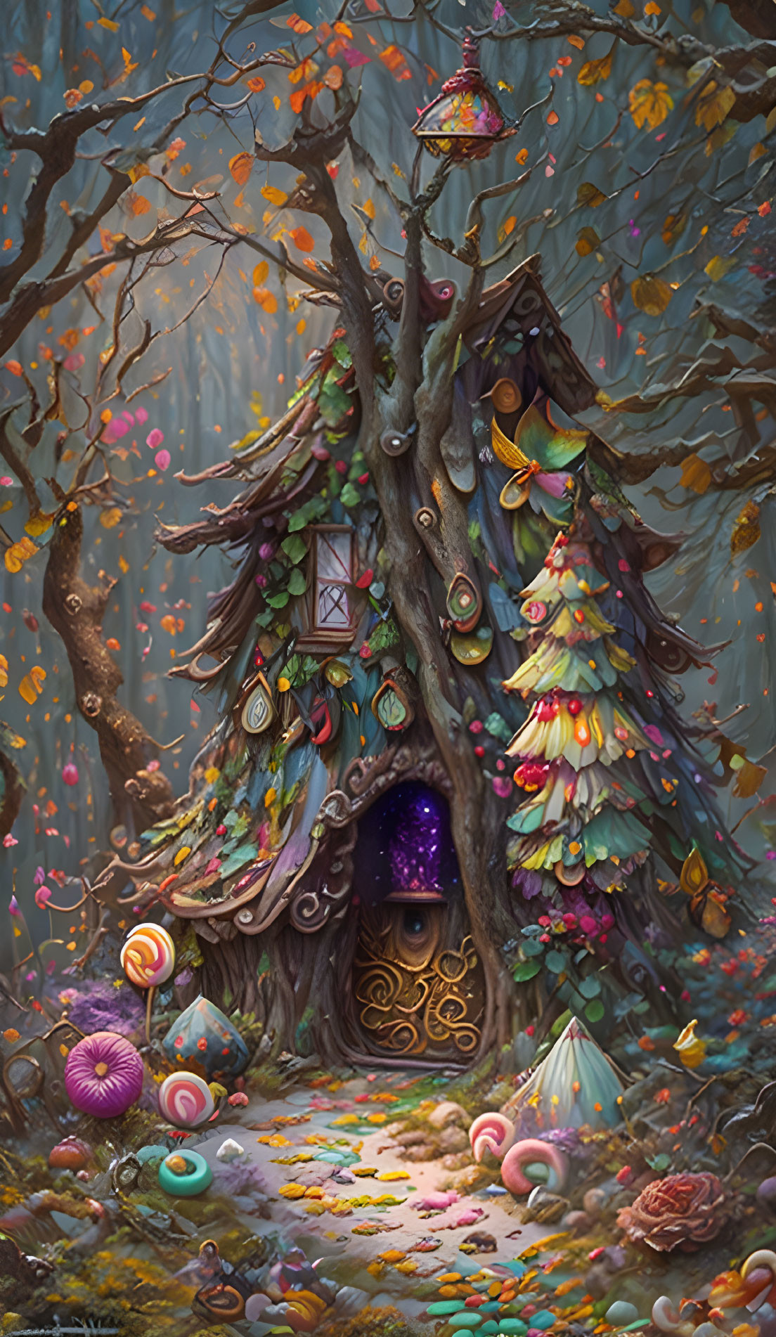 Vibrant treehouse with whimsical decor in magical forest