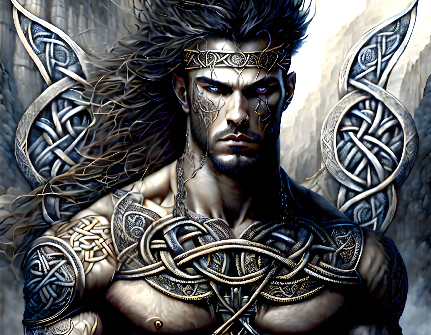 Fantasy warrior with tattoos, chains, crown, and Celtic armor.