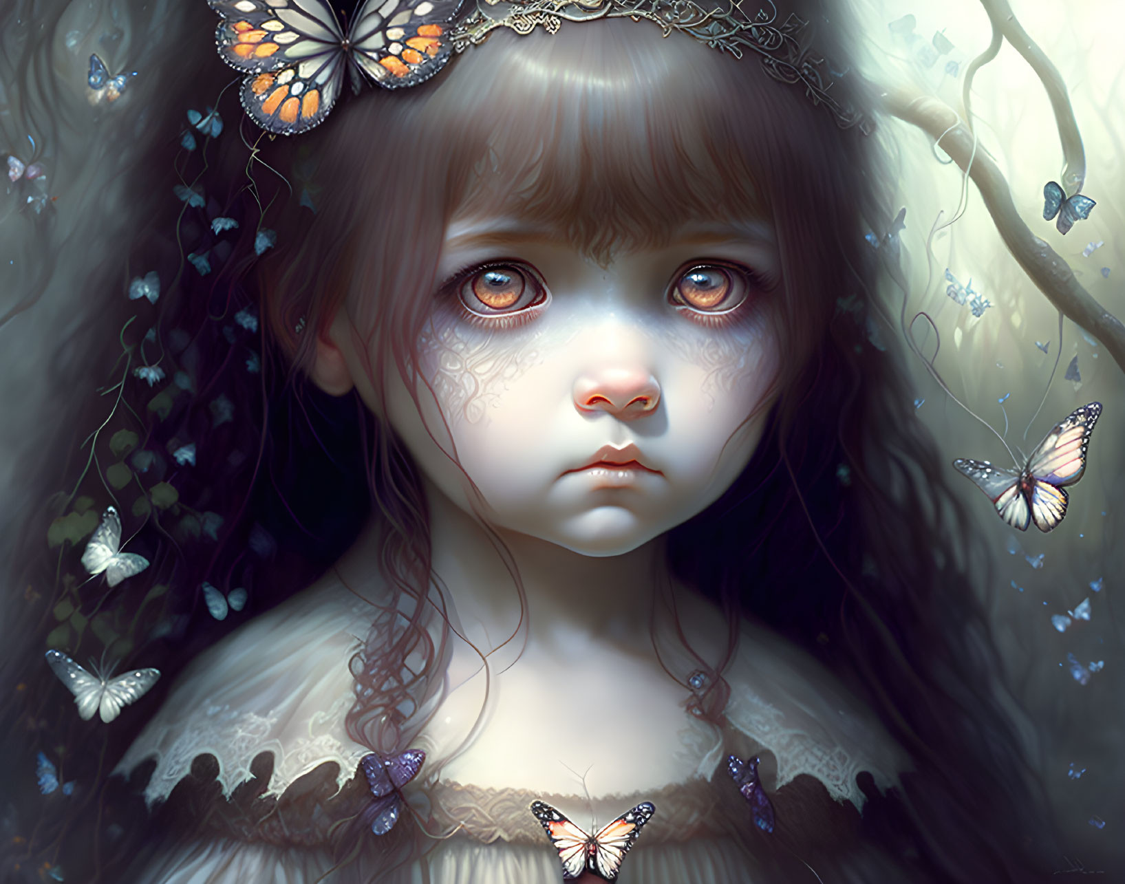 Digital painting of young girl with expressive blue eyes, surrounded by butterflies in mystical forest