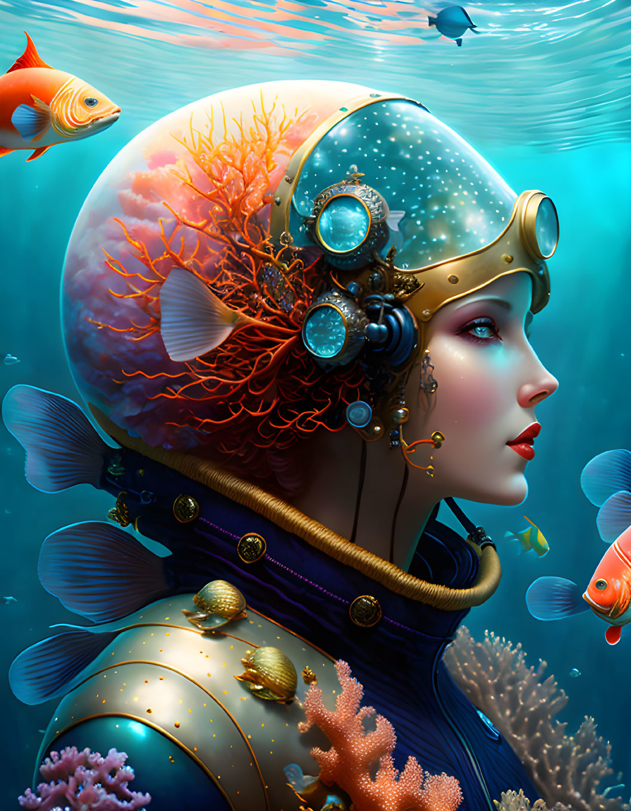 Surreal illustration of woman with diver's helmet, coral, and fish.