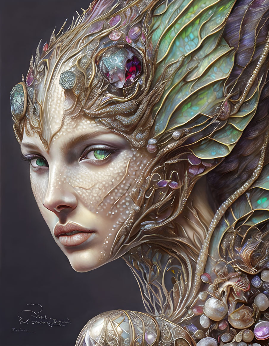 Digital portrait of mythical female creature with leaf-like ears, jewel-encrusted skin, and eth