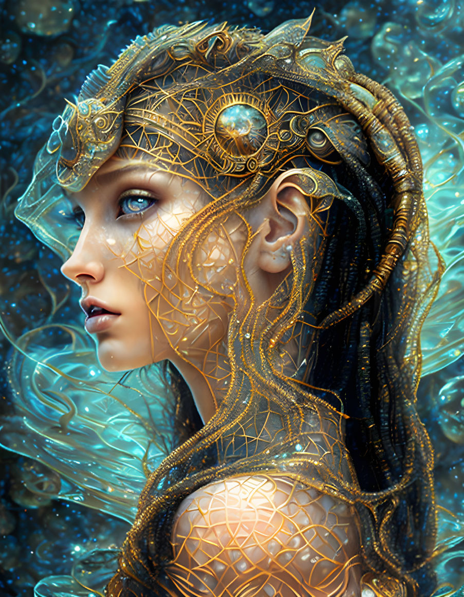 Fantastical female figure with golden headgear and celestial background