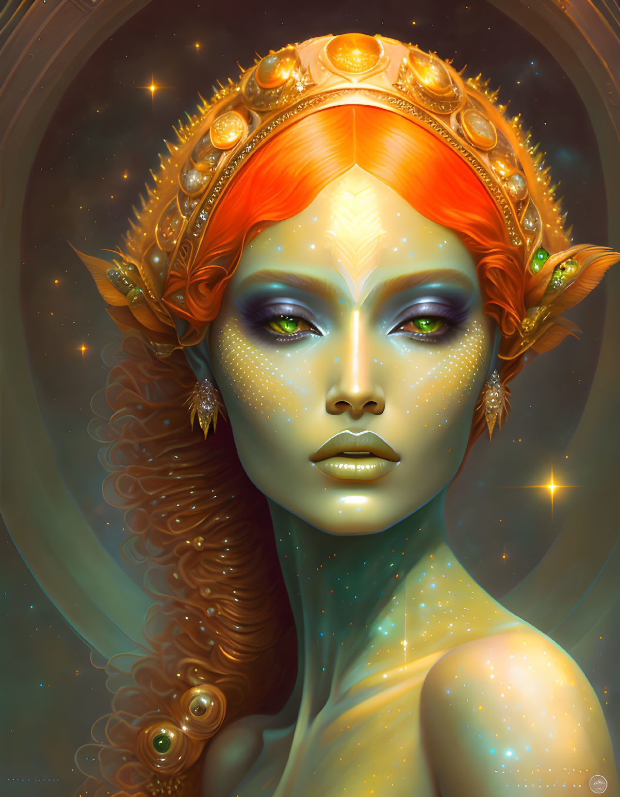 Orange-skinned woman with golden headpiece and star freckles in cosmic setting