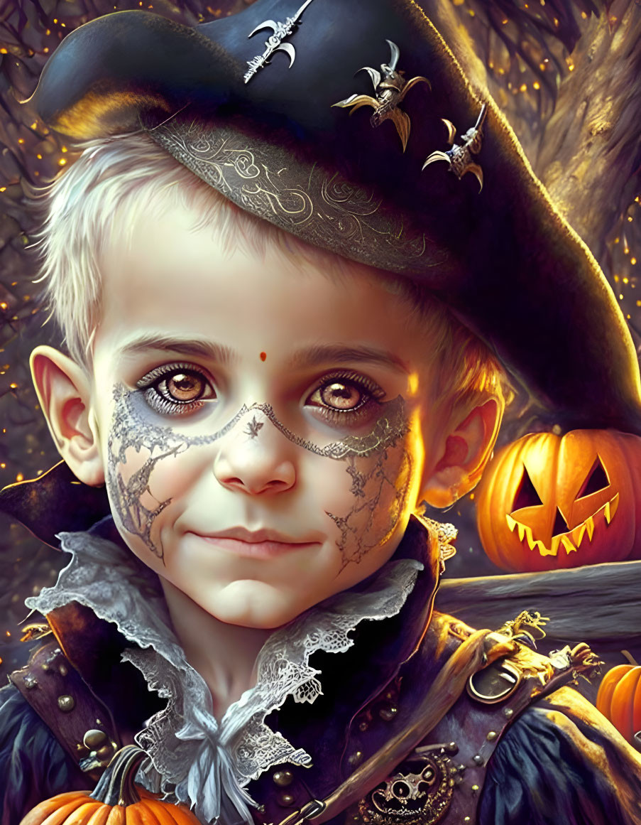 Child in pirate costume with face paint surrounded by pumpkins