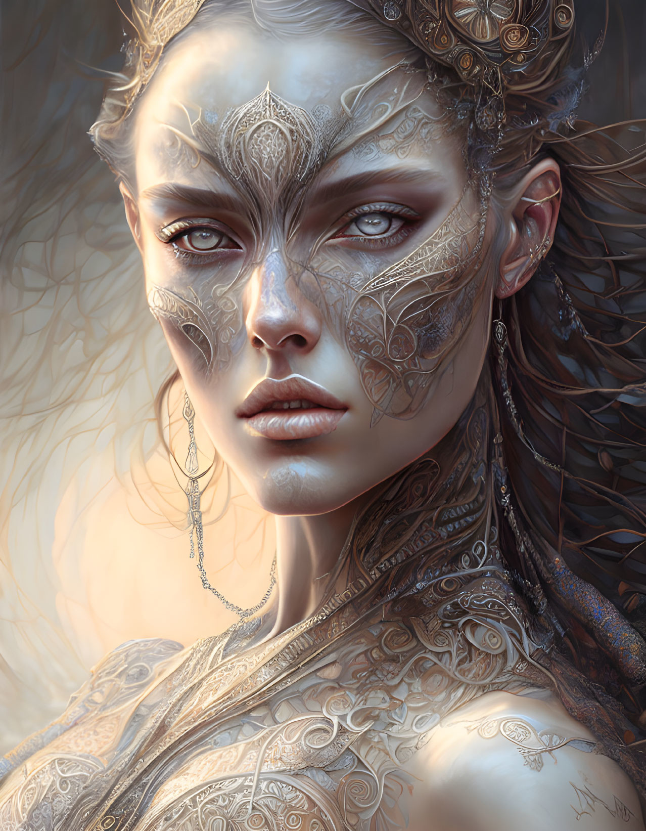 Detailed digital portrait of woman with ornate metallic facial tattoos and intense eyes