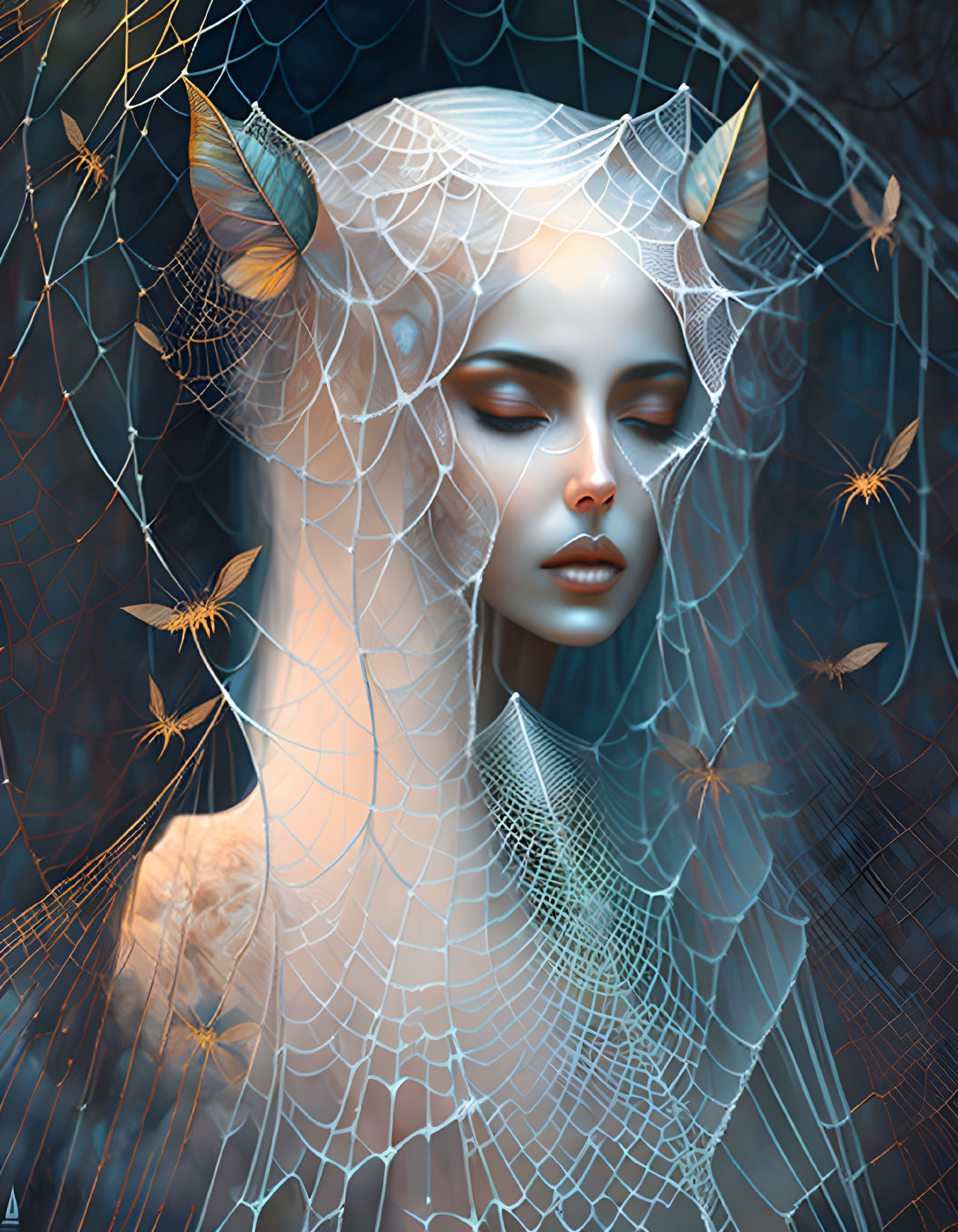 Pale-skinned woman with elven ears in white web headdress, golden dragonflies, blue background