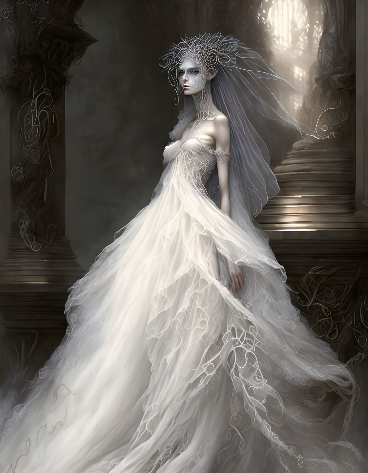 Pale otherworldly woman in intricate bridal gown among classical columns