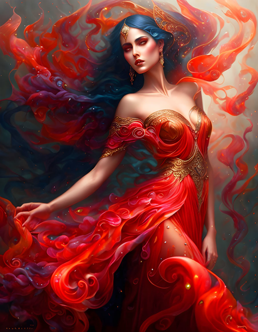 Ethereal woman in red dress with gold accents engulfed in flames and smoke