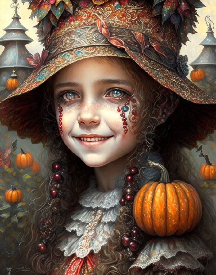 Smiling girl with autumn-themed hat and pumpkin decoration