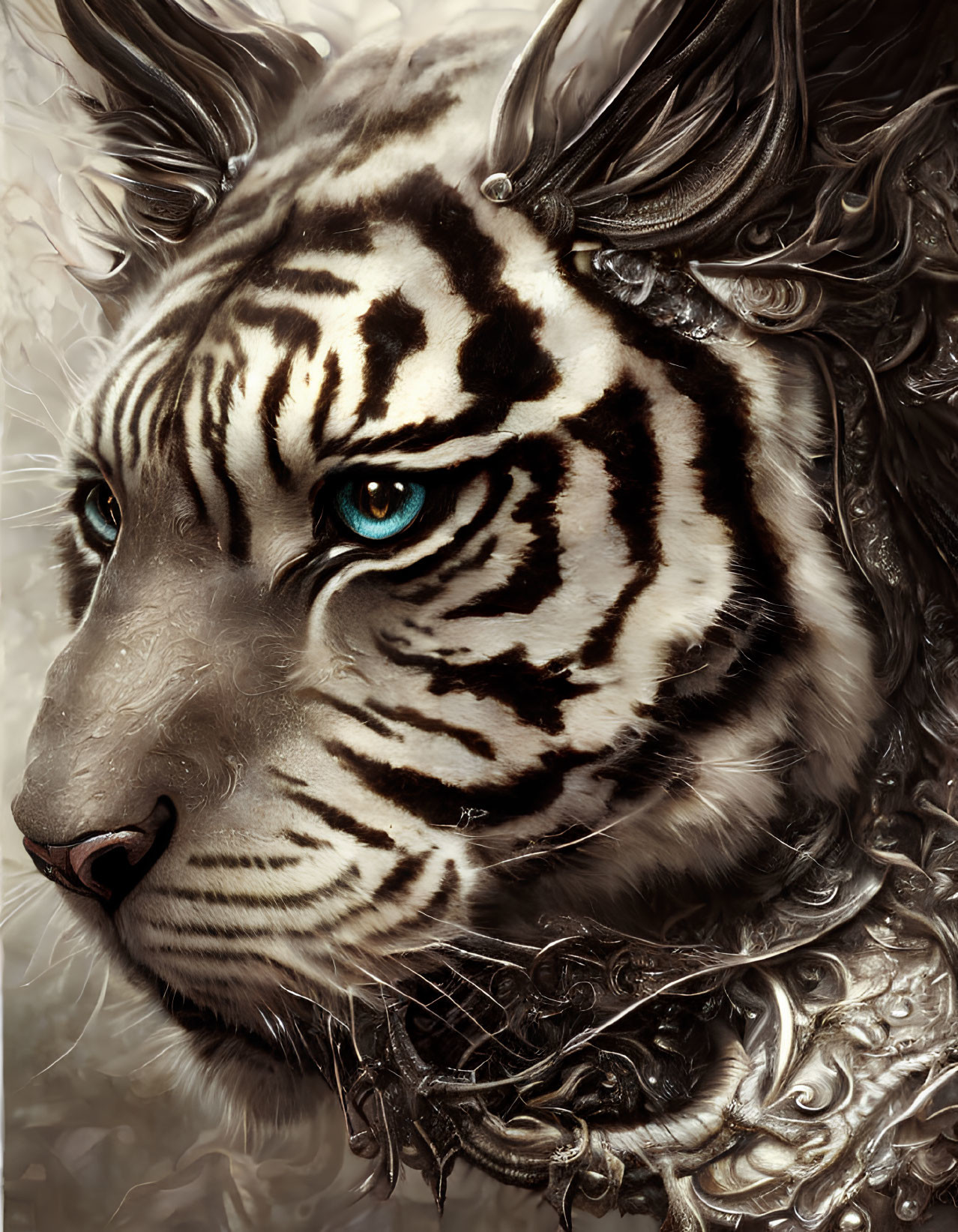 Detailed White Tiger Illustration with Blue Eyes and Ornate Armor