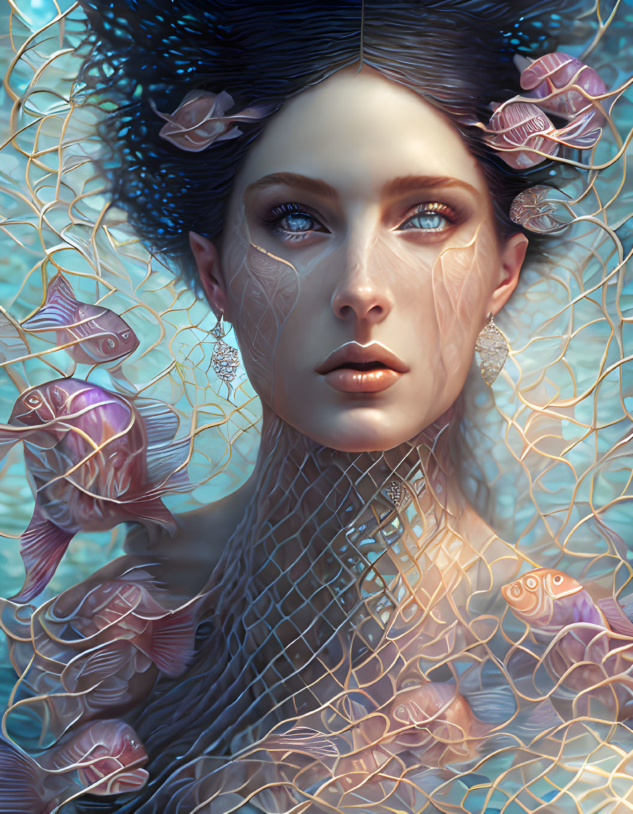 Digital portrait of woman with serene expression and aquatic motif.