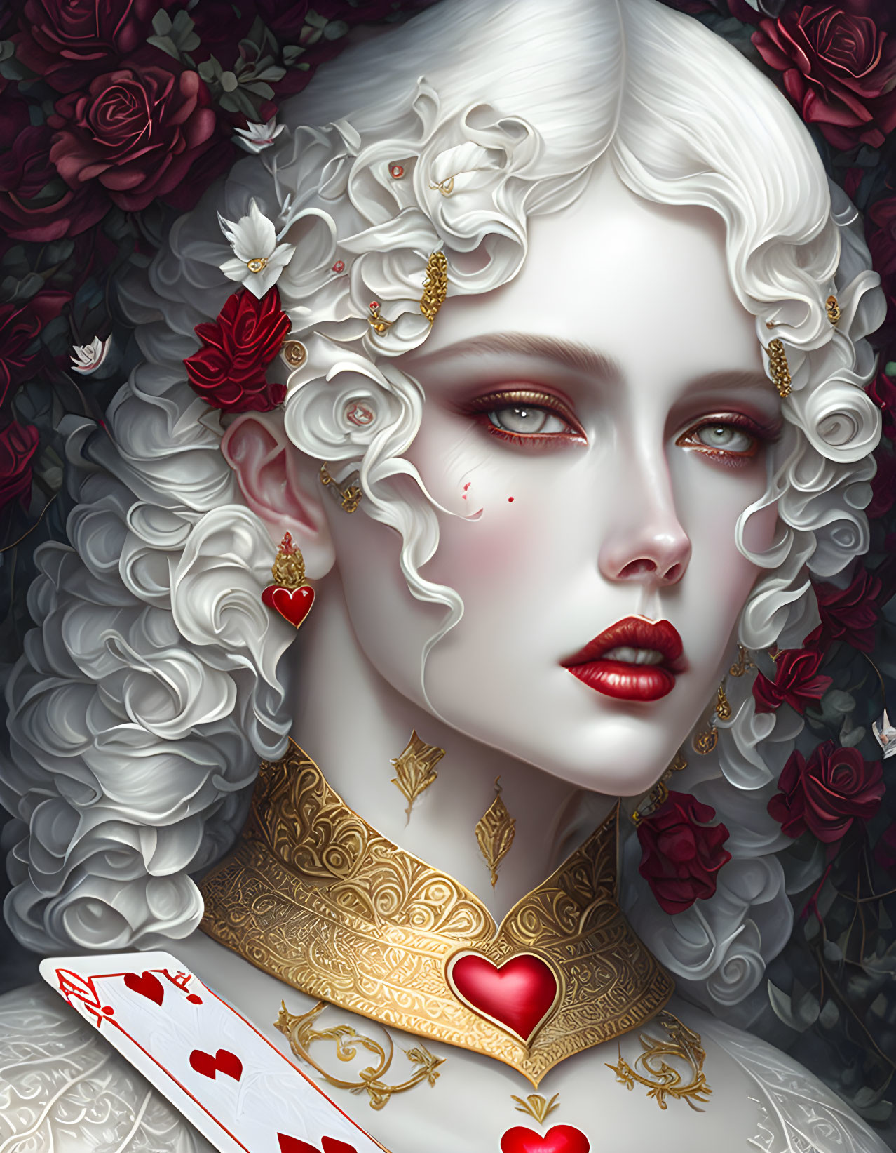 Pale woman with white curls, red lips, gold choker, heart earrings, surrounded by dark roses