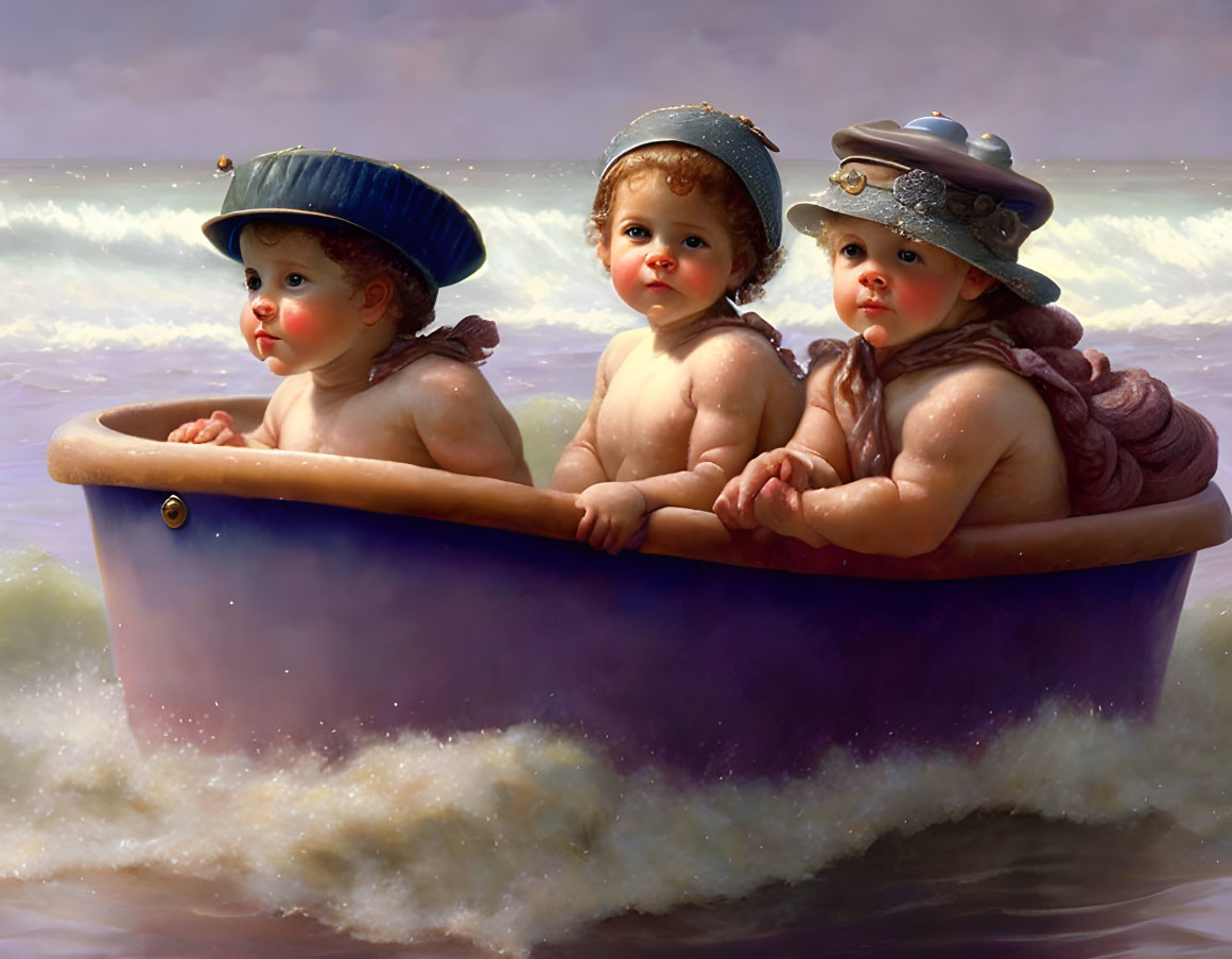 Three animated babies in vintage hats on tub in gentle sea waves under cloudy sky