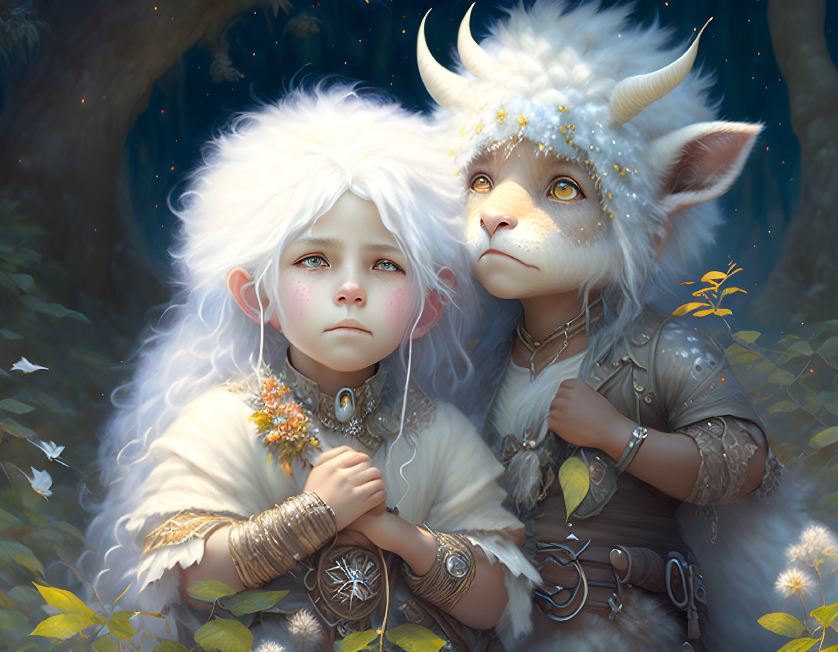 Fantasy characters with animal features in mystical forest