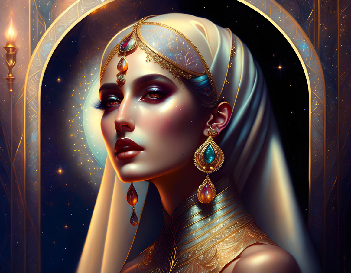 Illustrated portrait of a woman with ornate jewelry and mystical backdrop