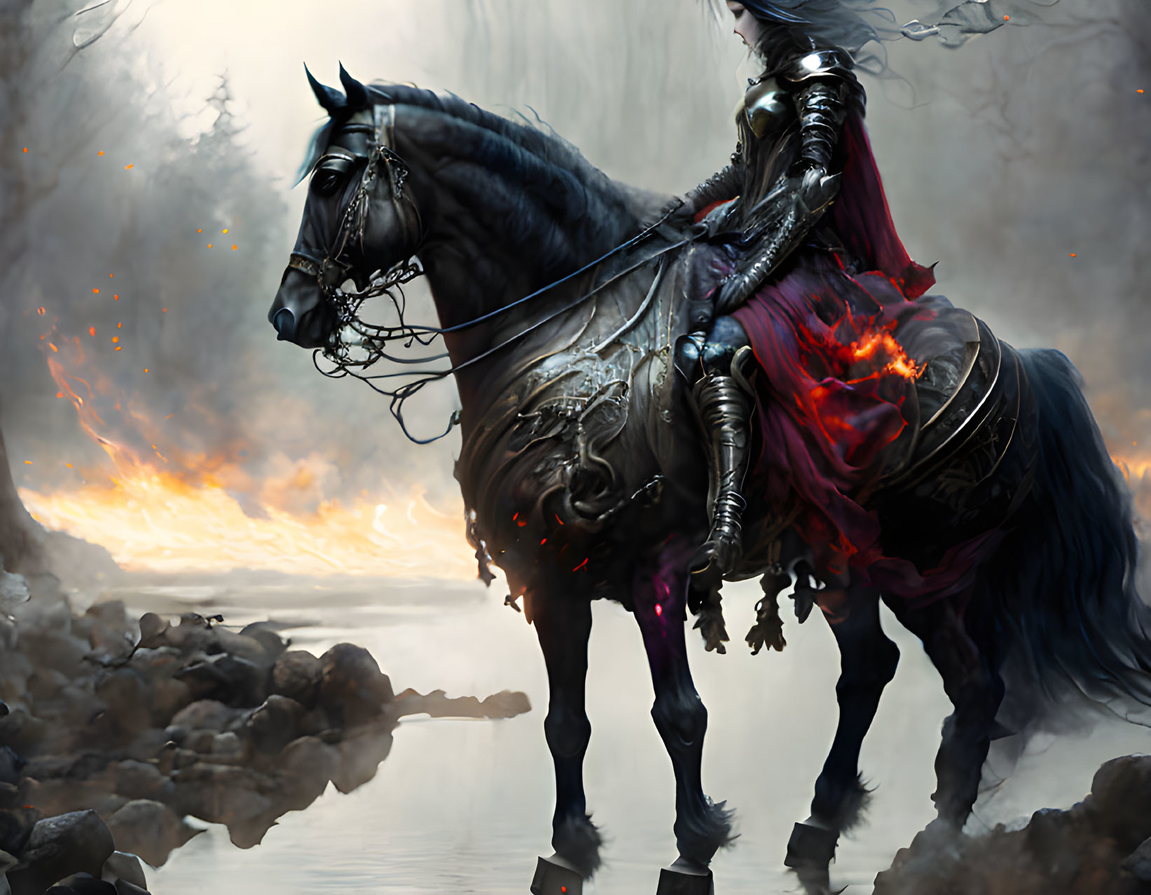 Knight in ornate armor on black horse in misty, fiery landscape with floating sparks and water.