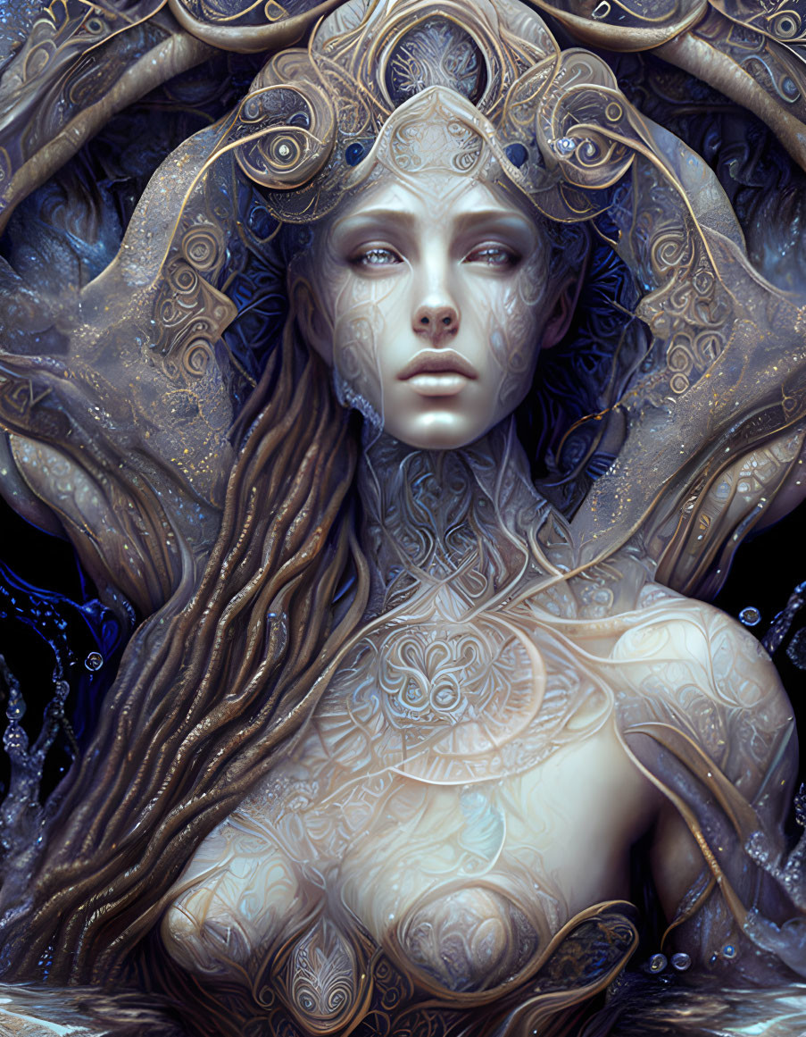 Detailed Fantasy Artwork: Woman with Elaborate Organic Designs