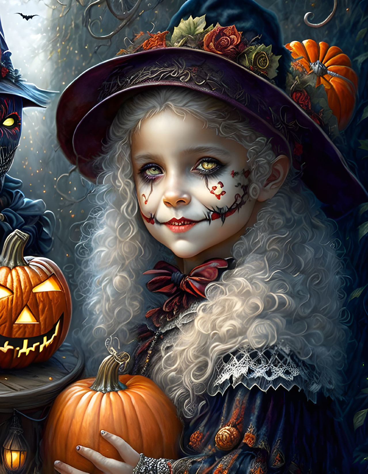 Young girl in witch costume with face paint surrounded by Halloween decor and moonlit background.