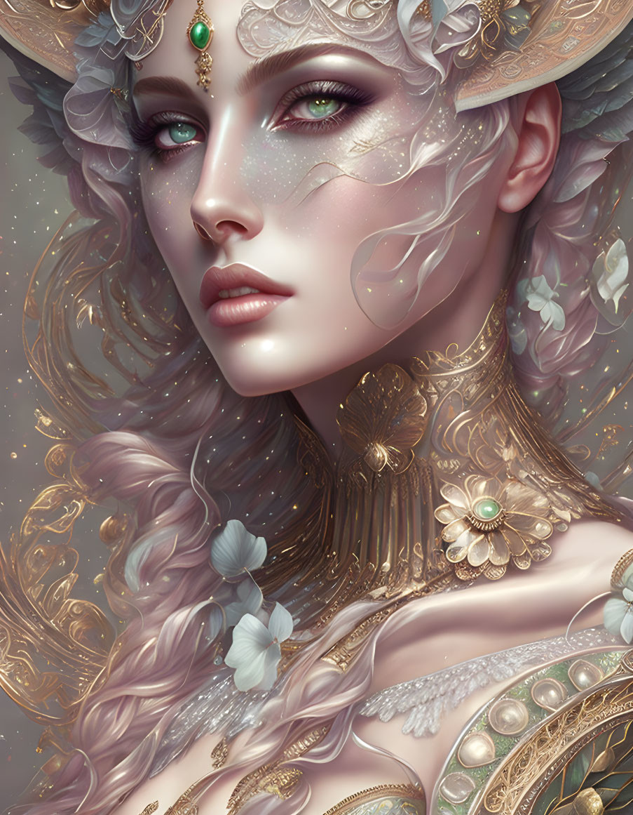 Ethereal woman with green eyes, golden jewelry, and wavy hair