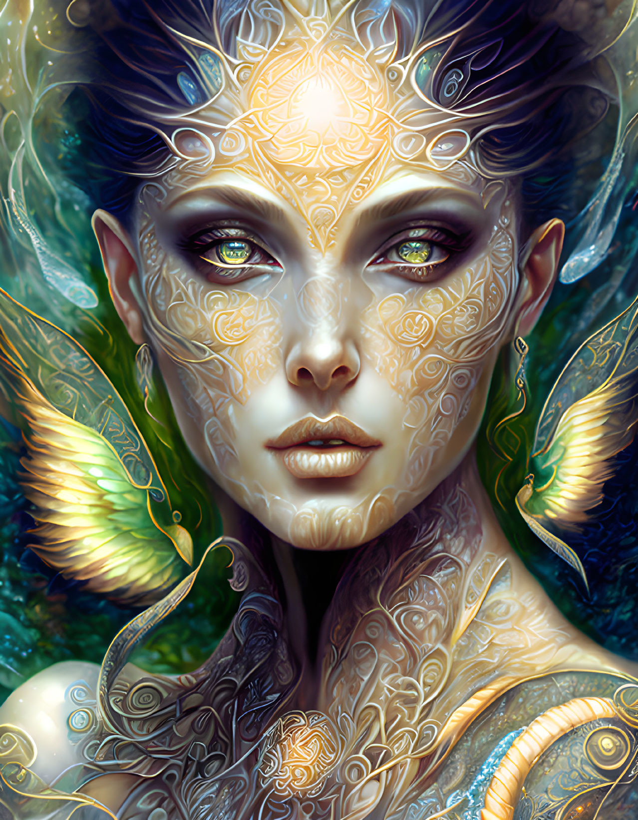 Fantasy artwork: Female figure with golden tattoos, emerald eyes, and butterfly wings.