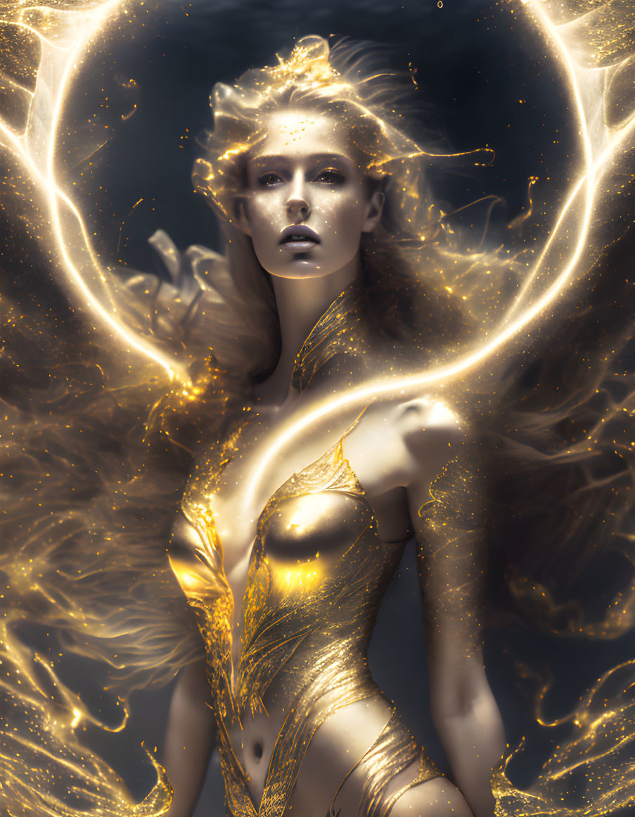 Golden-haired woman in ornate attire surrounded by mystical light and darkness