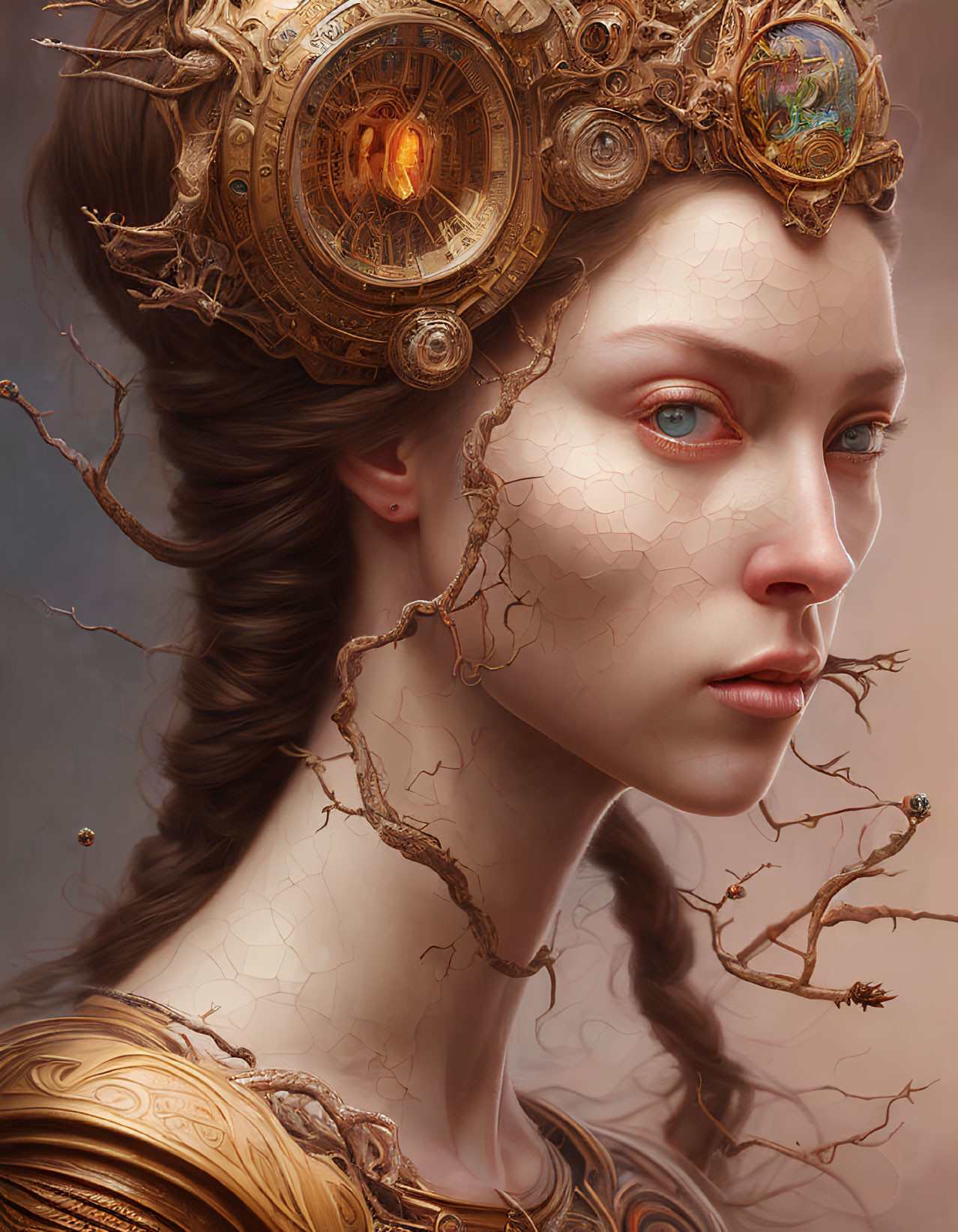 Digital portrait of woman with ornate crown and branch-like veins.