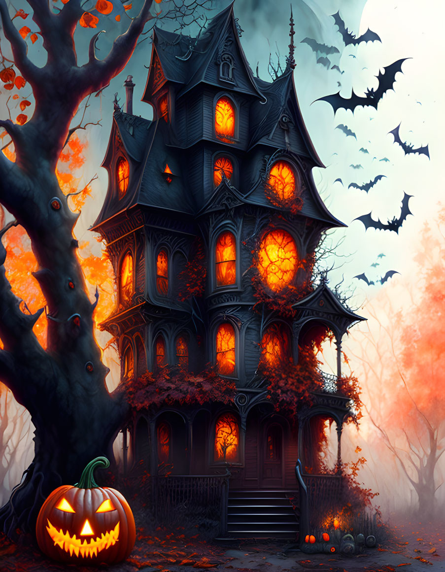 Gothic mansion with glowing windows in autumn setting