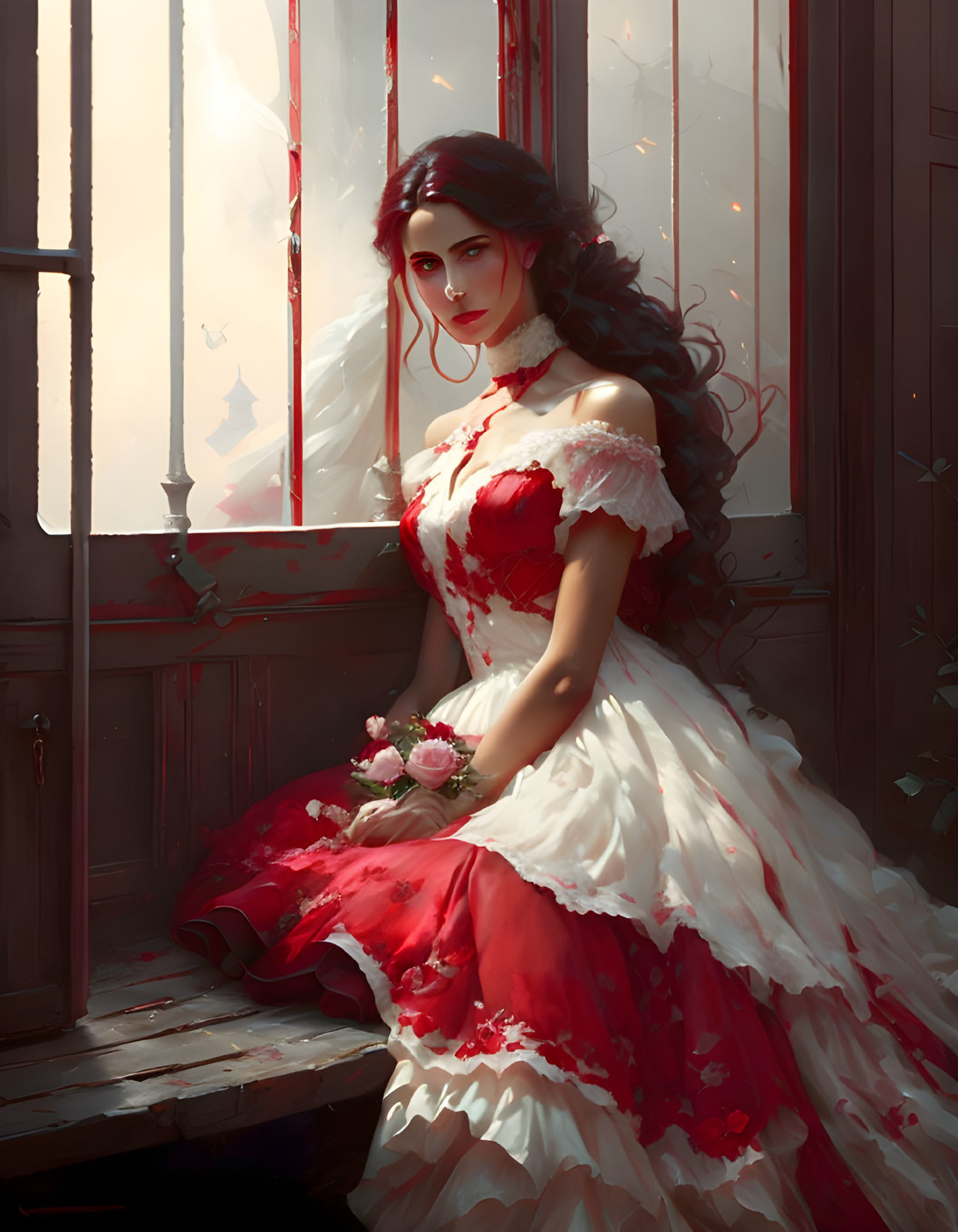 Woman in Red and White Dress Holding Flowers by Sunlit Window