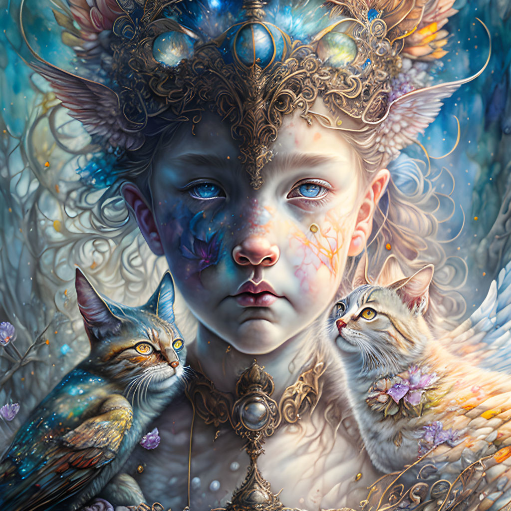 Child with ornate headgear, mystical cats, and ethereal elements in fantasy illustration