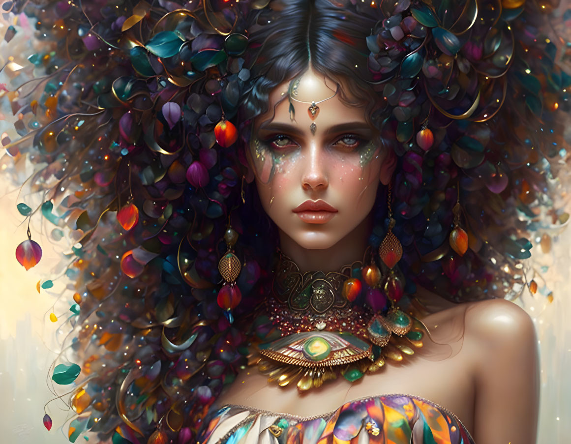 Colorful portrait of a woman with floral hair and ornate gold jewelry