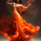 Woman in fiery dress with golden armor holding flaming lamp in powerful pose